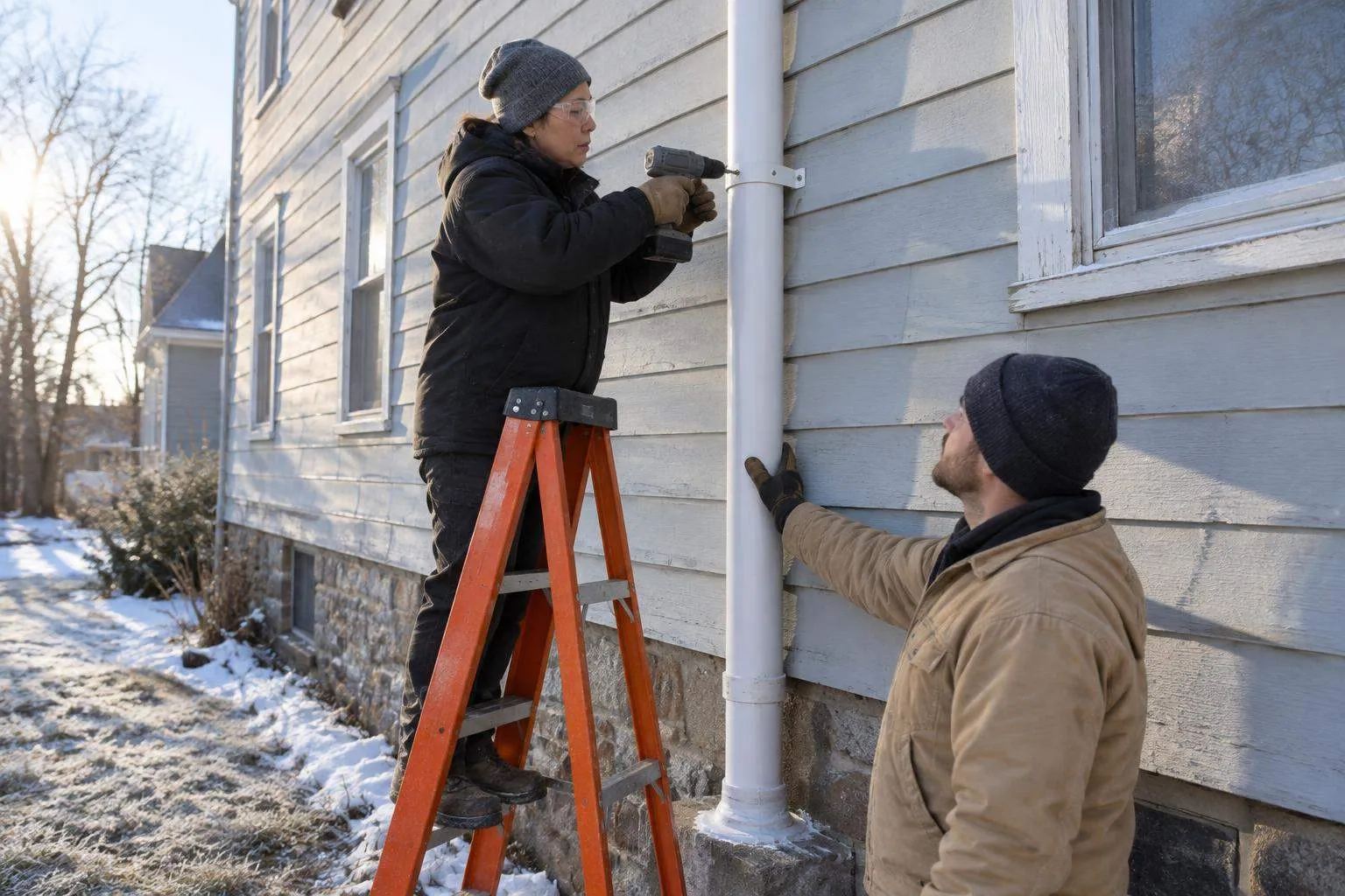 Two radon crew members on a cold morning fasten a white vent pipe up the gray siding of an older house.