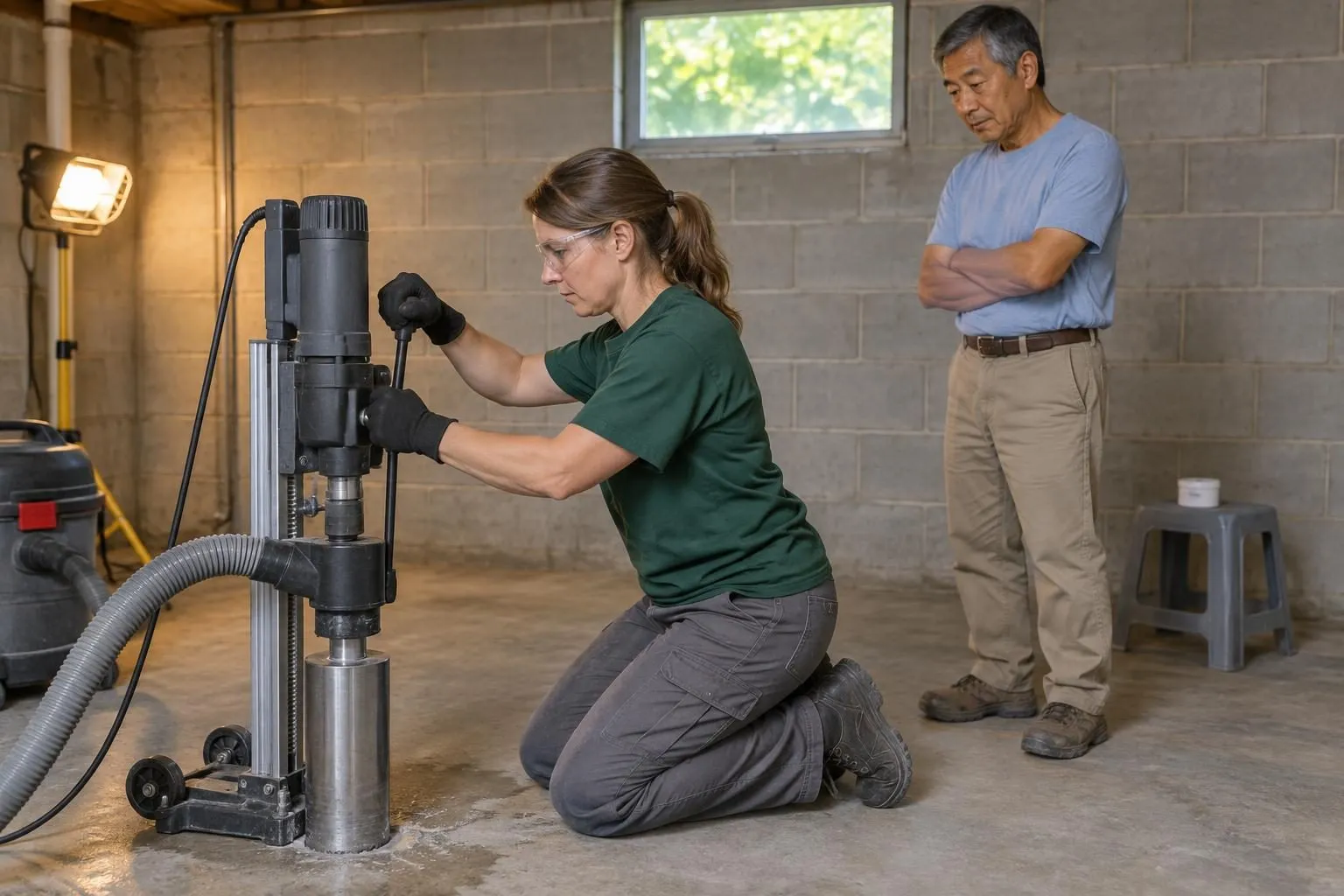 Contractor guiding a core drill through a basement slab while a homeowner watches from behind, a gray test canister on a stool beyond.