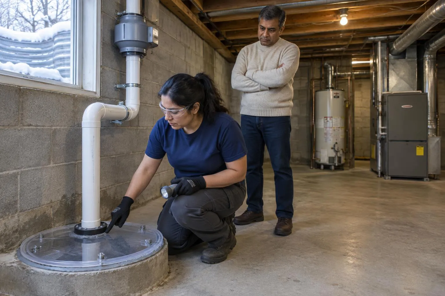 A radon contractor kneels at a sealed sump pit lid, shining a flashlight along the sealant while a homeowner watches calmly.