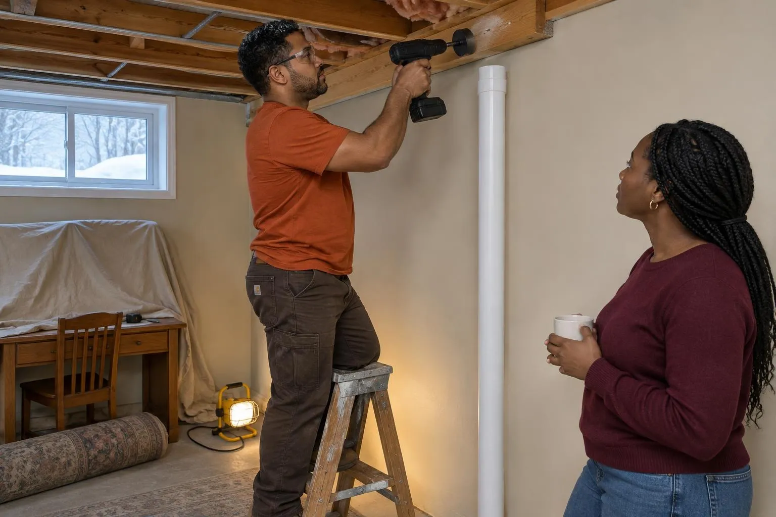 Contractor on a stepladder drills through a basement rim joist beside a white vent pipe as a homeowner watches near a covered desk.